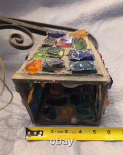 Vintage Wrought Iron Multicolored Chunk Glass Tudor Porch Lantern Sconce P Marsh