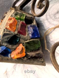 Vintage Wrought Iron Multicolored Chunk Glass Tudor Porch Lantern Sconce P Marsh