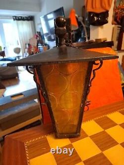 Vintage Wrought Iron Outdoor Electric Porch Lantern Wall Light Amber Glass