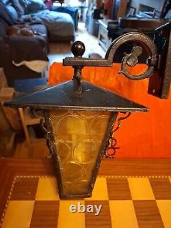 Vintage Wrought Iron Outdoor Electric Porch Lantern Wall Light Amber Glass