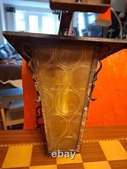 Vintage Wrought Iron Outdoor Electric Porch Lantern Wall Light Amber Glass