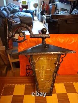 Vintage Wrought Iron Outdoor Electric Porch Lantern Wall Light Amber Glass