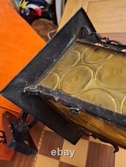 Vintage Wrought Iron Outdoor Electric Porch Lantern Wall Light Amber Glass