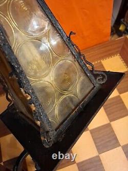 Vintage Wrought Iron Outdoor Electric Porch Lantern Wall Light Amber Glass