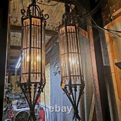 Vintage Wrought Iron Spanish Gothic Revival Hanging Pendant Lanterns Huge 56