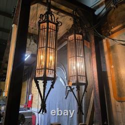 Vintage Wrought Iron Spanish Gothic Revival Hanging Pendant Lanterns Huge 56