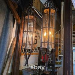 Vintage Wrought Iron Spanish Gothic Revival Hanging Pendant Lanterns Huge 56