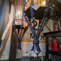 Vintage Wrought Iron Spanish Gothic Revival Hanging Pendant Lanterns Huge 56