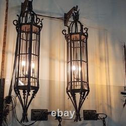 Vintage Wrought Iron Spanish Gothic Revival Hanging Pendant Lanterns Huge 56