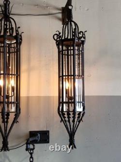 Vintage Wrought Iron Spanish Gothic Revival Hanging Pendant Lanterns Huge 56