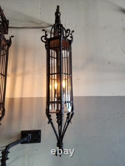 Vintage Wrought Iron Spanish Gothic Revival Hanging Pendant Lanterns Huge 56