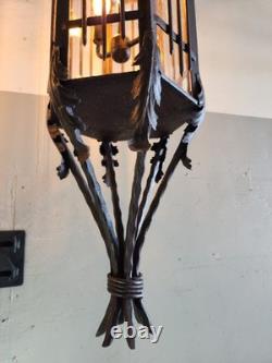 Vintage Wrought Iron Spanish Gothic Revival Hanging Pendant Lanterns Huge 56