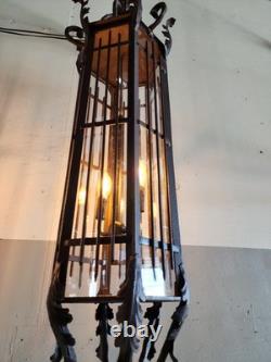 Vintage Wrought Iron Spanish Gothic Revival Hanging Pendant Lanterns Huge 56