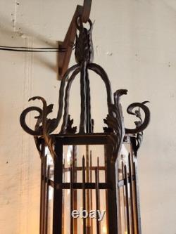 Vintage Wrought Iron Spanish Gothic Revival Hanging Pendant Lanterns Huge 56