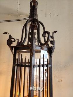 Vintage Wrought Iron Spanish Gothic Revival Hanging Pendant Lanterns Huge 56