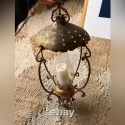 Vintage antique Italian gilded brass metal glass Gold Hanging Lantern fixture