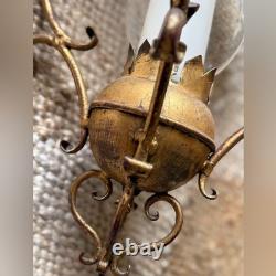 Vintage antique Italian gilded brass metal glass Gold Hanging Lantern fixture