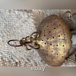 Vintage antique Italian gilded brass metal glass Gold Hanging Lantern fixture