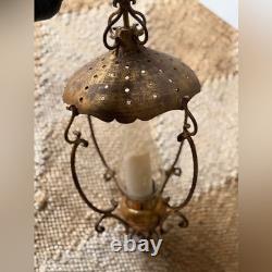 Vintage antique Italian gilded brass metal glass Gold Hanging Lantern fixture