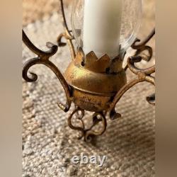 Vintage antique Italian gilded brass metal glass Gold Hanging Lantern fixture