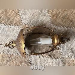 Vintage antique Italian gilded brass metal glass Gold Hanging Lantern fixture