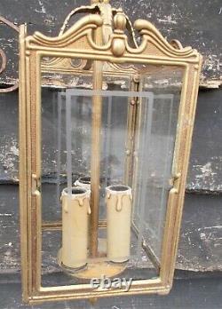 Vintage/antique style ceiling lantern lamp, brass/etched glass hanging, French