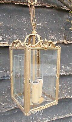 Vintage/antique style ceiling lantern lamp, brass/etched glass hanging, French