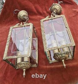 Vintage/antique style ceiling lantern lamp, brass/etched glass hanging, French