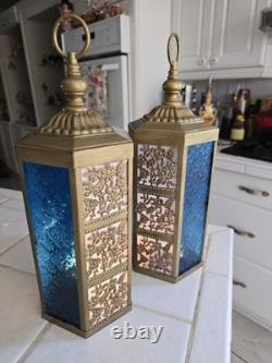 Vintage hexagonal Moroccan-style lantern constructed with an antique brass