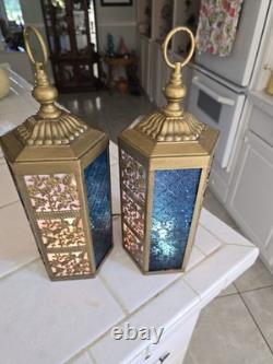 Vintage hexagonal Moroccan-style lantern constructed with an antique brass