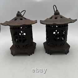 Vntg Japan Cast Iron Lanterns Bamboo Pagoda Style Very Nice Cond. 6lbs Set of 2
