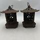 Vntg Japan Cast Iron Lanterns Bamboo Pagoda Style Very Nice Cond. 6lbs Set of 2