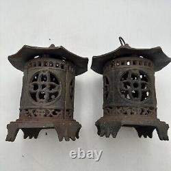 Vntg Japan Cast Iron Lanterns Bamboo Pagoda Style Very Nice Cond. 6lbs Set of 2