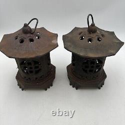 Vntg Japan Cast Iron Lanterns Bamboo Pagoda Style Very Nice Cond. 6lbs Set of 2