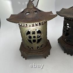 Vntg Japan Cast Iron Lanterns Bamboo Pagoda Style Very Nice Cond. 6lbs Set of 2