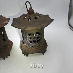 Vntg Japan Cast Iron Lanterns Bamboo Pagoda Style Very Nice Cond. 6lbs Set of 2