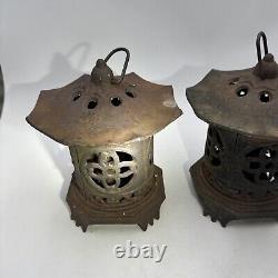 Vntg Japan Cast Iron Lanterns Bamboo Pagoda Style Very Nice Cond. 6lbs Set of 2