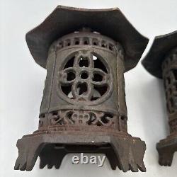 Vntg Japan Cast Iron Lanterns Bamboo Pagoda Style Very Nice Cond. 6lbs Set of 2
