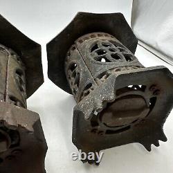 Vntg Japan Cast Iron Lanterns Bamboo Pagoda Style Very Nice Cond. 6lbs Set of 2