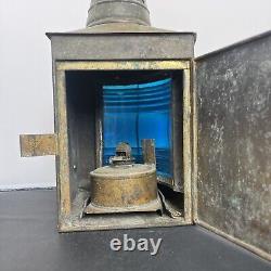 Vntg Starboard Copper Oil Lamp Blue Lantern Boat Light Nautical Maritime Decor