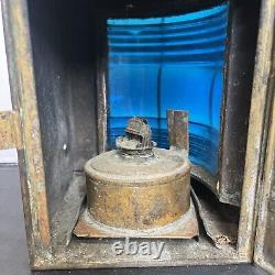 Vntg Starboard Copper Oil Lamp Blue Lantern Boat Light Nautical Maritime Decor
