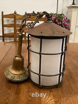 Vtg Antique Arts & Crafts Metal Hanging Lamp Lantern Fixture Cage Copper Patina