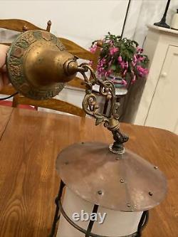 Vtg Antique Arts & Crafts Metal Hanging Lamp Lantern Fixture Cage Copper Patina