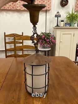 Vtg Antique Arts & Crafts Metal Hanging Lamp Lantern Fixture Cage Copper Patina