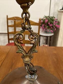 Vtg Antique Arts & Crafts Metal Hanging Lamp Lantern Fixture Cage Copper Patina