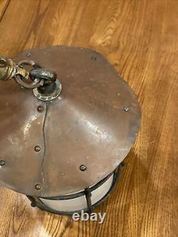 Vtg Antique Arts & Crafts Metal Hanging Lamp Lantern Fixture Cage Copper Patina