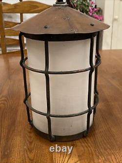 Vtg Antique Arts & Crafts Metal Hanging Lamp Lantern Fixture Cage Copper Patina