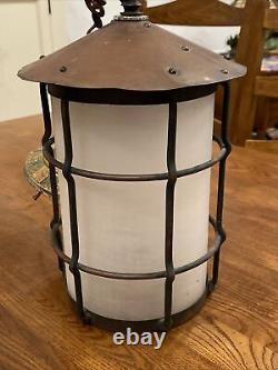 Vtg Antique Arts & Crafts Metal Hanging Lamp Lantern Fixture Cage Copper Patina