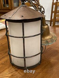 Vtg Antique Arts & Crafts Metal Hanging Lamp Lantern Fixture Cage Copper Patina