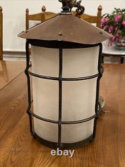 Vtg Antique Arts & Crafts Metal Hanging Lamp Lantern Fixture Cage Copper Patina